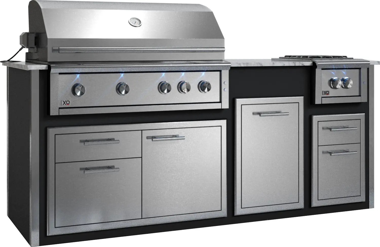 XO Designer Modular Island Bundle Including XOGRILL42L 42-inch Liquid Propane Grill, XOGPOWER60KL Power Side Burner, XOG36COMBO Access Door and Drawer Combo, XOG16DRAWER Double Drawer and XOG20TRASH2 Trash Drawer (Black)