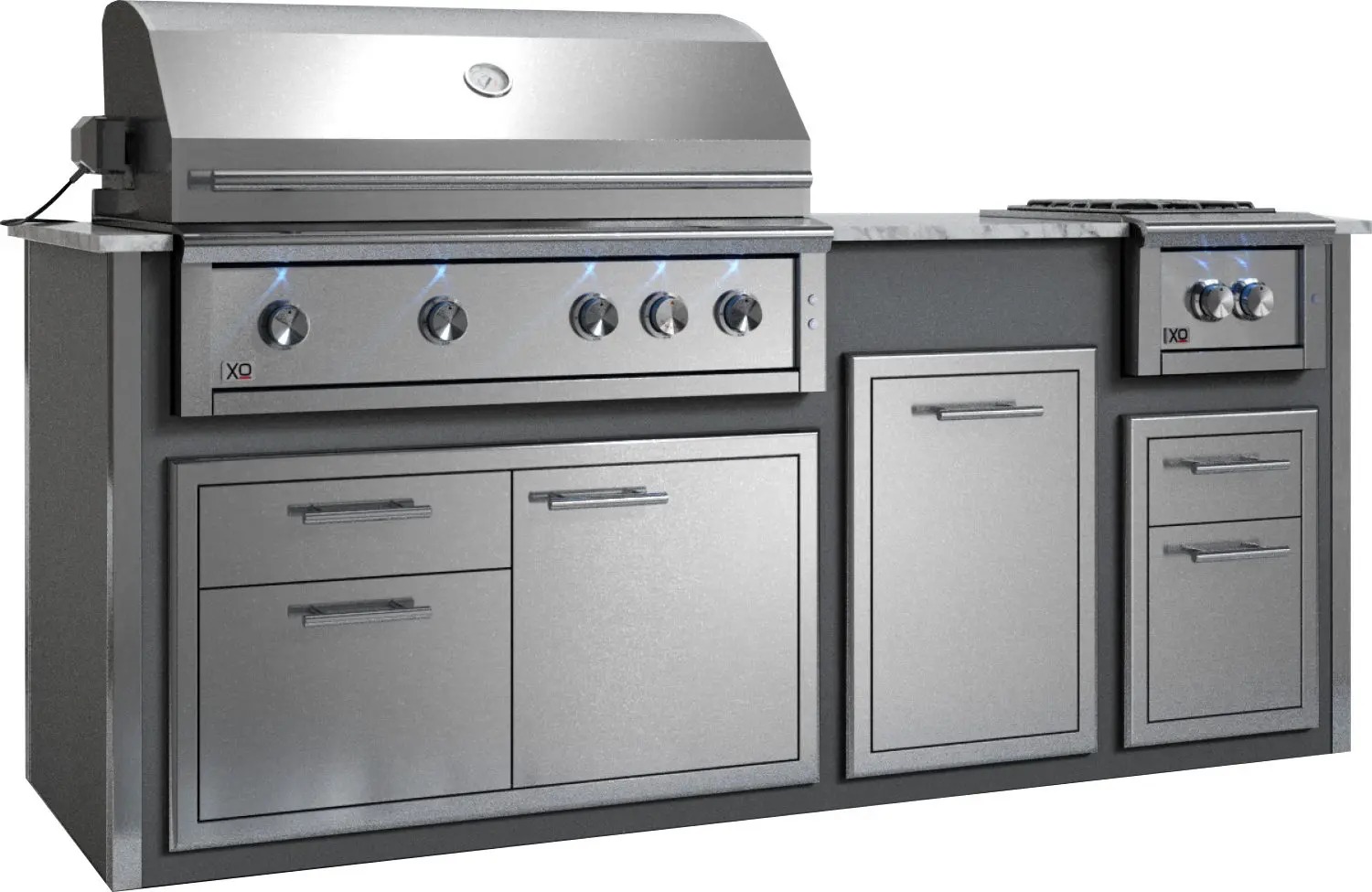 XO Designer Modular Island Bundle Including XOGRILL42L 42-inch Liquid Propane Grill, XOGPOWER60KL Power Side Burner, XOG36COMBO Access Door and Drawer Combo, XOG16DRAWER Double Drawer and XOG20TRASH2 Trash Drawer (Gray)