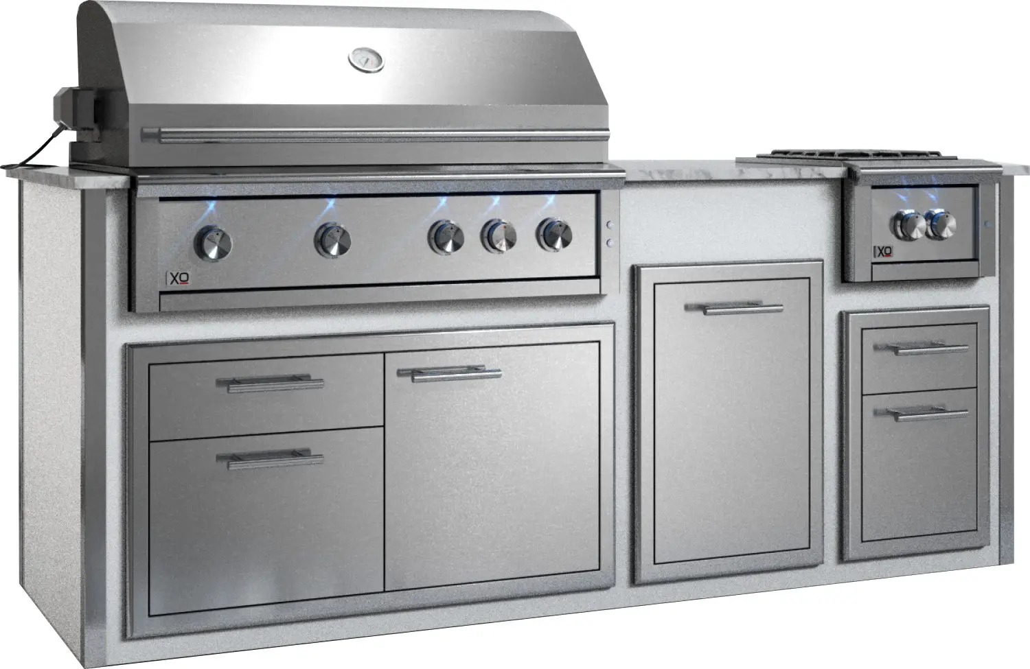 XO Designer Modular Island Bundle Including XOGRILL42N 42-inch Natural Gas Grill, XOGPOWER60KN Power Side Burner, XOG36COMBO Access Door and Drawer Combo, XOG16DRAWER Double Drawer and XOG20TRASH2 Trash Drawer (White)